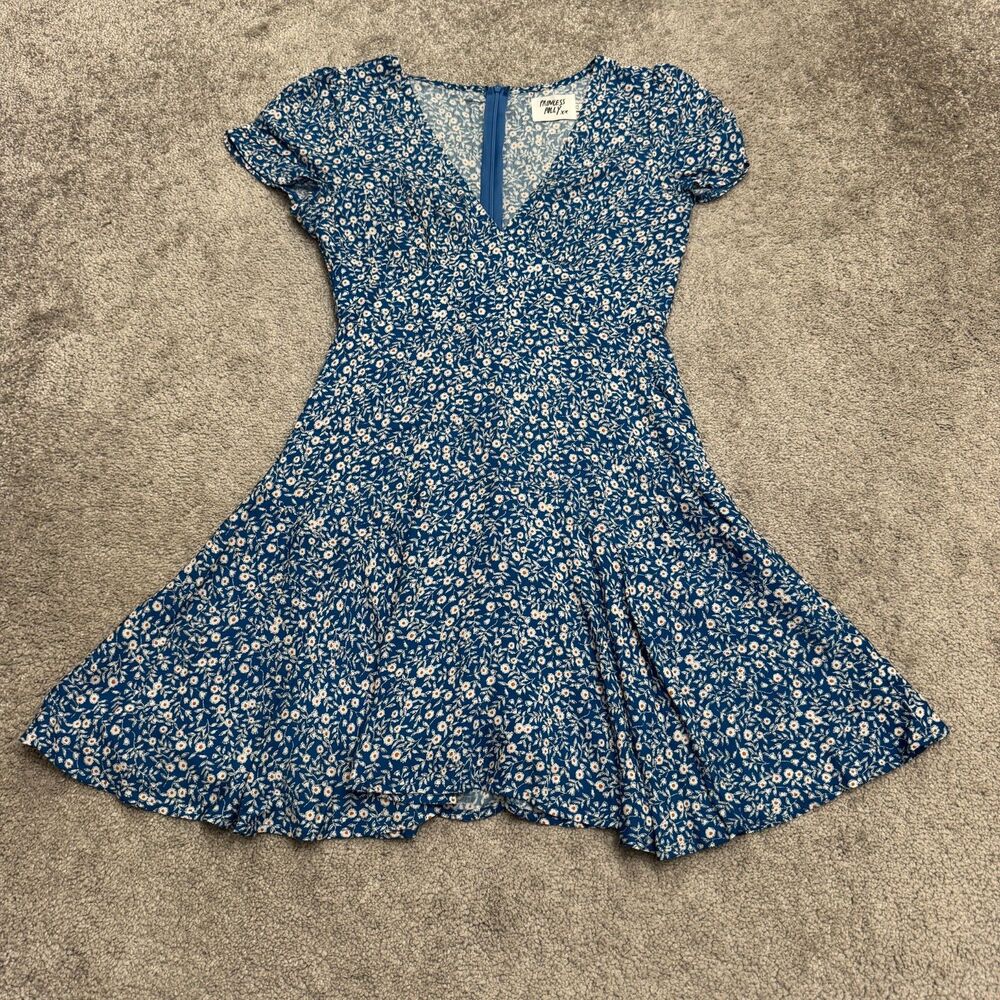 Princess Polly Floral Short Sleeve V-Neck Mini Fit & Flare Dress Womens 2 Blue
